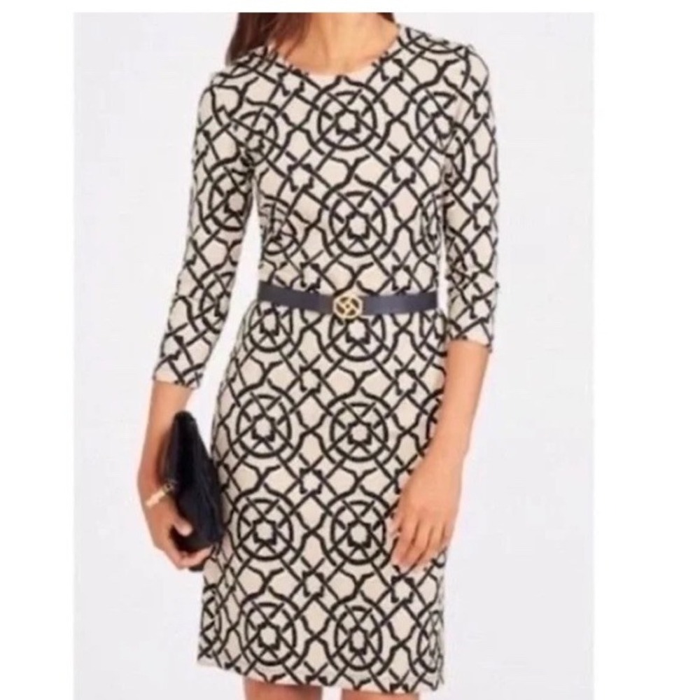 J. McLaughlin Sophia Catalina Cloth Dress L Beige Black Geometric 3/4 Sleeve